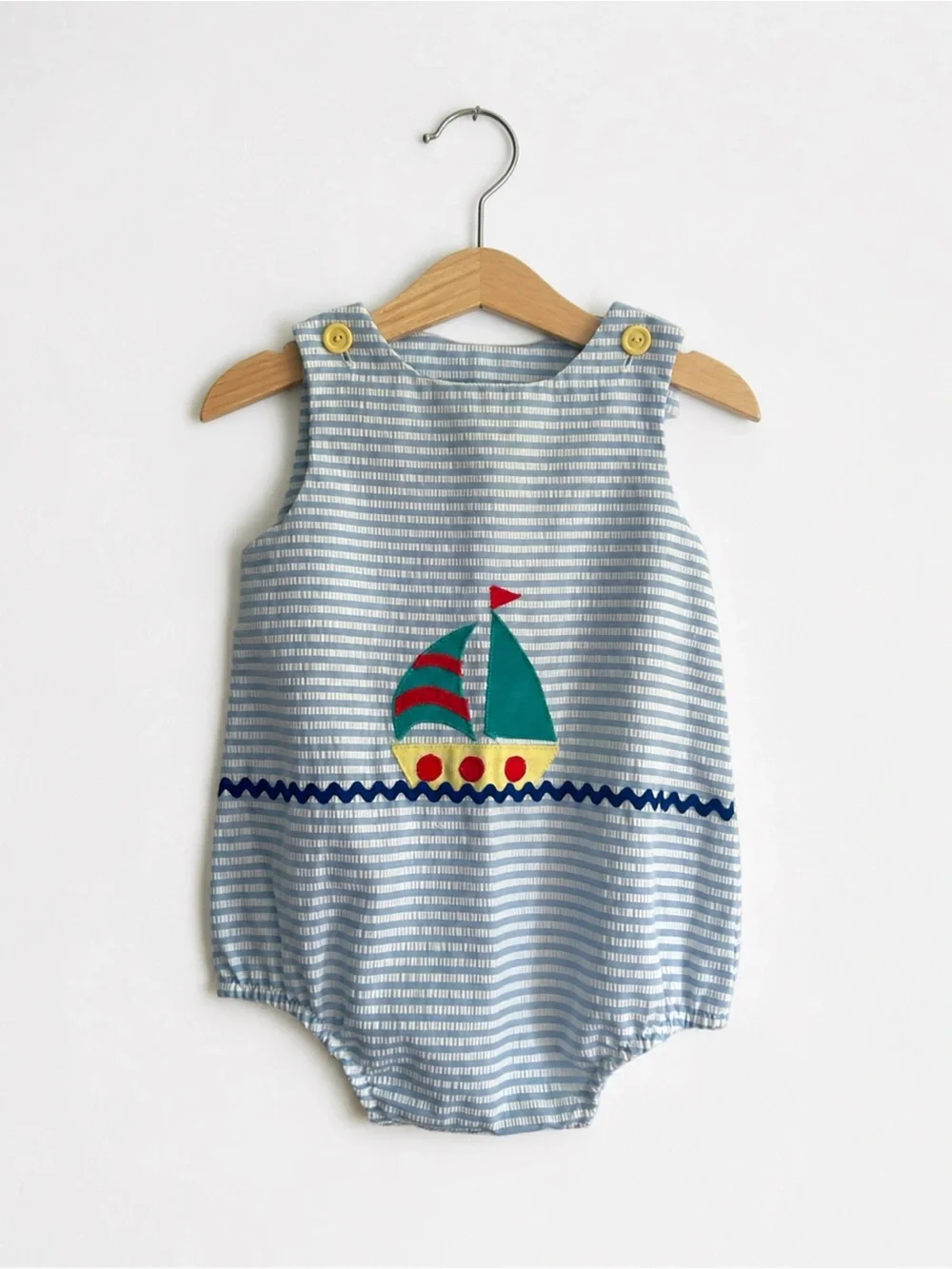 Vintage Baby Boy Blue Seersucker Sailboat Bubble Romper Nautical, 9-12 Months